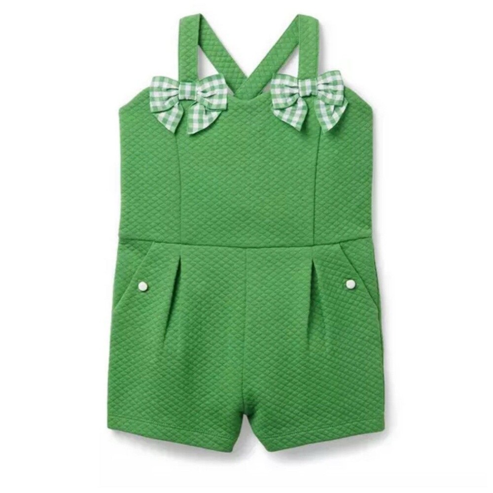 Janie And Jack String Bean Green Quilted Gingham Bow Romper Sz 6-12 Months